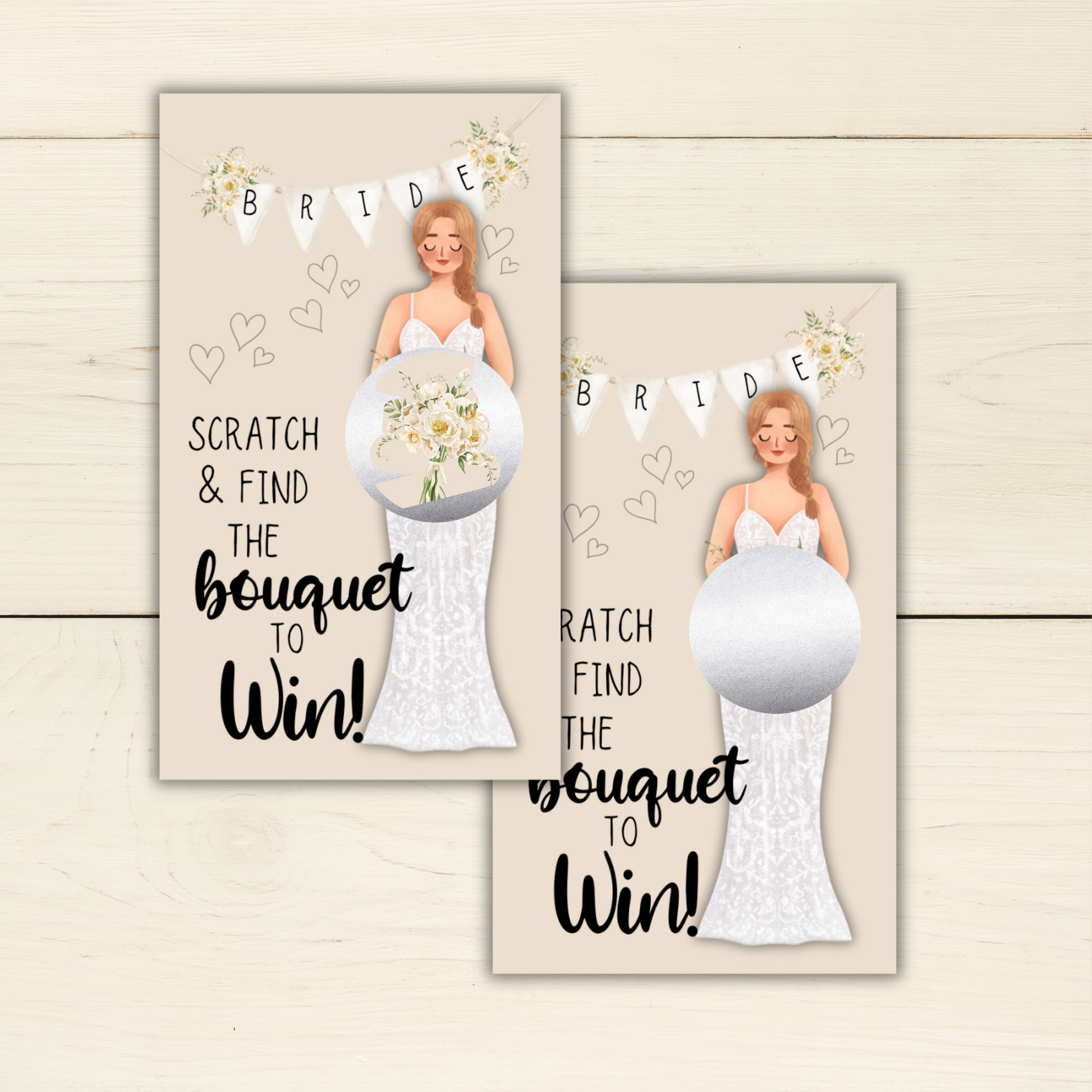 Boho Bride with white lace dress holding bouquet with white bride banner with floating hearts scratch off card.