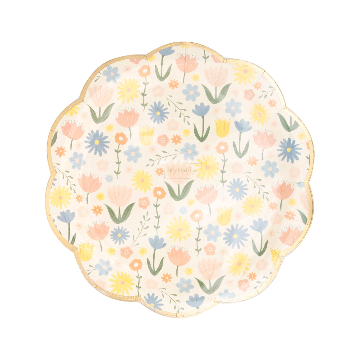 Spring Floral 9" Gold Foil Edged Round Scalloped Paper Plates